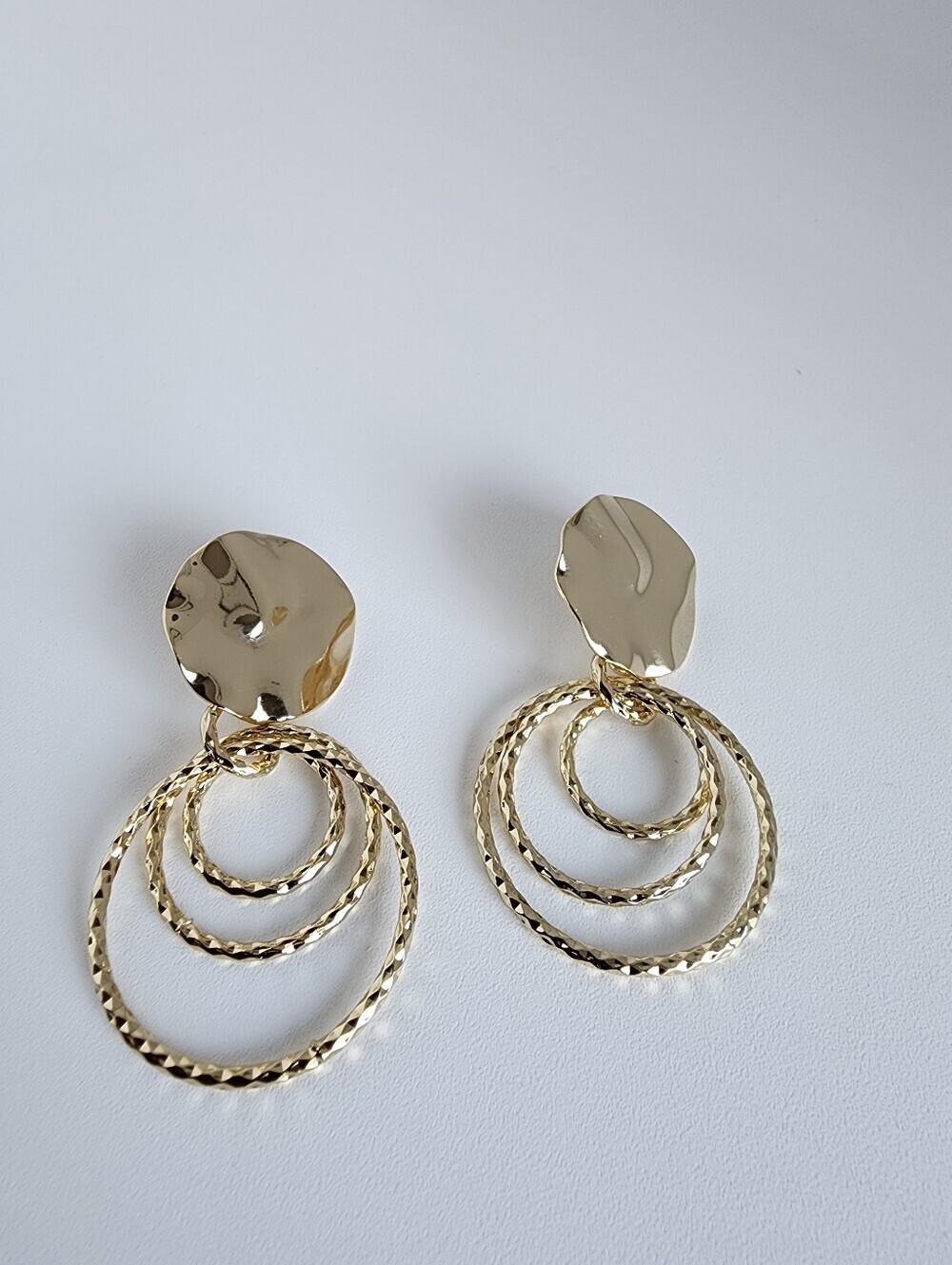 Gold Tone Triple Circle Dangle Earrings Textured Hoop Statement Earrings